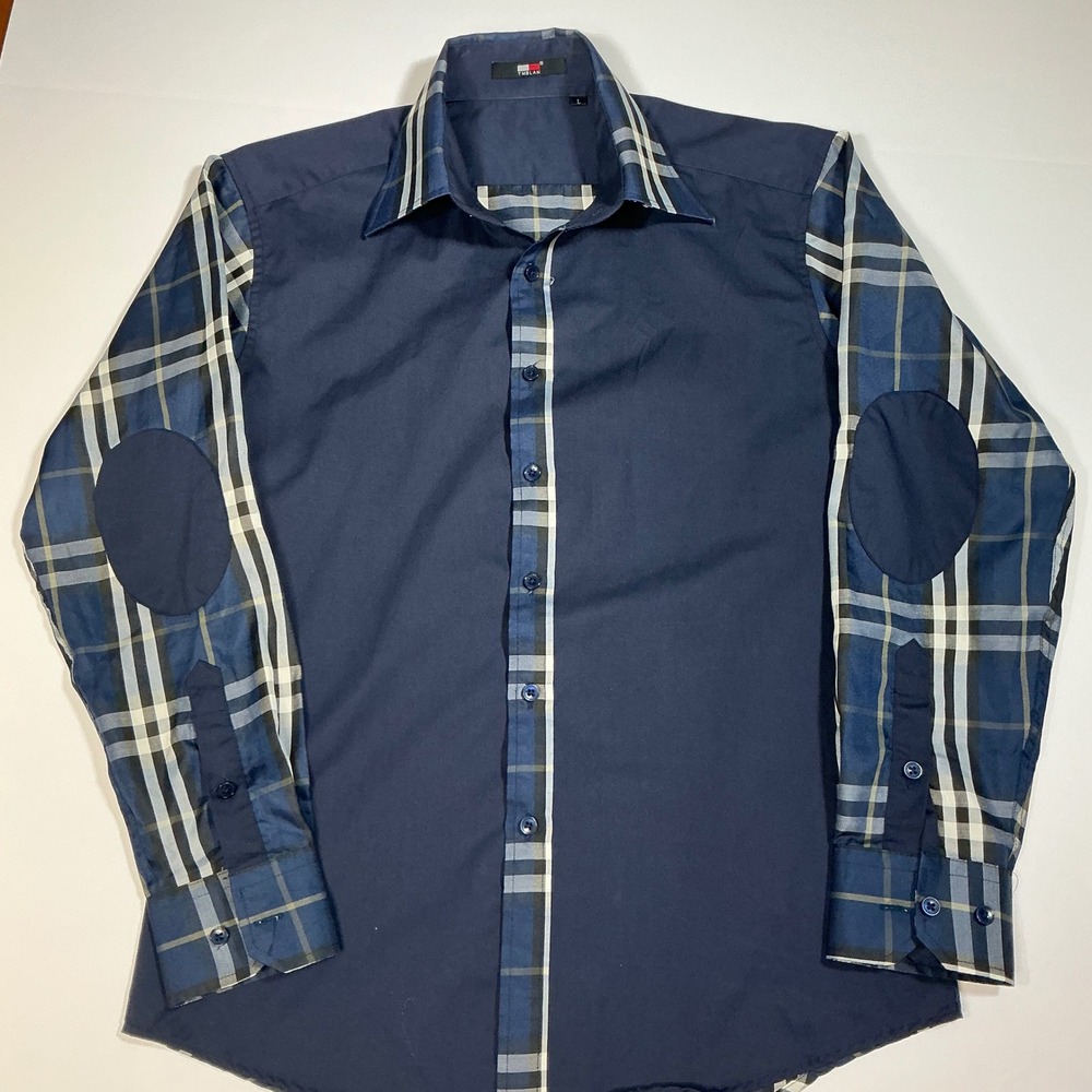 TMB LAN‎ Mens Navy Blue Plaid Accent Button Down Shirt Elbow Patch Large L
